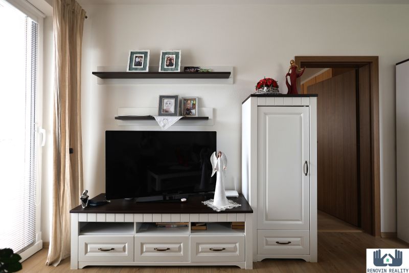 Living room in a two-room apartment with a TV on a cabinet and decorations.