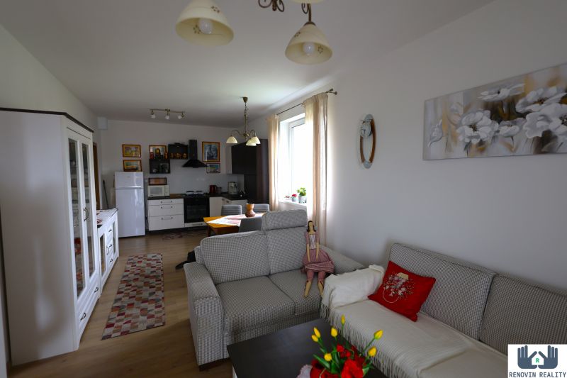 Living room with a kitchen in light tones, equipped with a wooden decor floor.