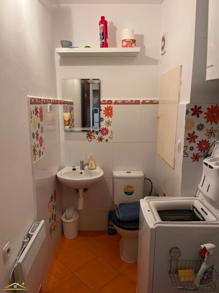 A bathroom in a studio apartment with a toilet, sink, and washing machine, walls with a floral motif.