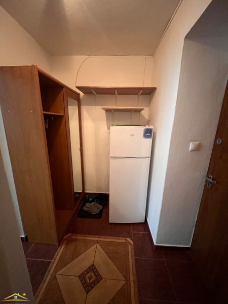 Studio apartment with a refrigerator, shoe cabinet, and mirror; floor with wooden decor.