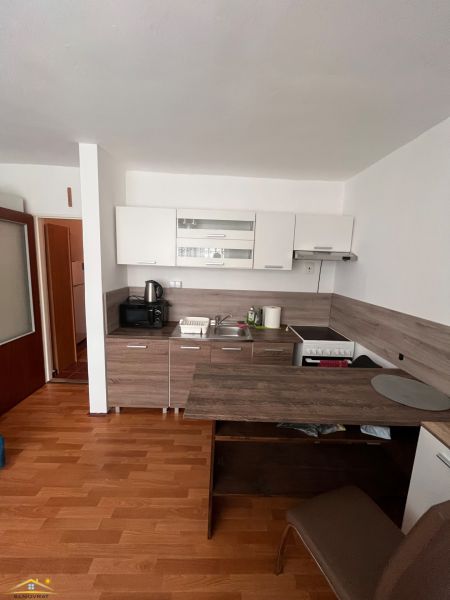 A kitchenette in a studio apartment with a wood-patterned floor and appliances.