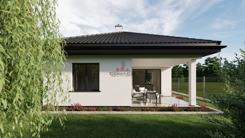 The image shows a family house with a terrace on Pánska Niva street, surrounded by a garden.