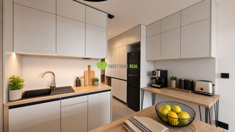 A kitchen with a wooden decor floor in a 2-room apartment, light furniture sets, and appliances.