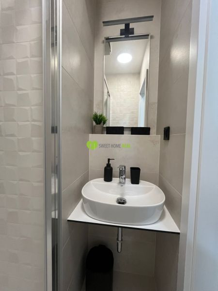 Bathroom in a studio apartment with a sink, mirror, and decoration on the shelf.