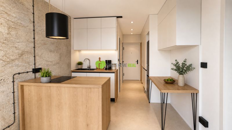 A kitchen in a 2-room apartment with a light-colored kitchen unit and a floor with a wooden decor.
