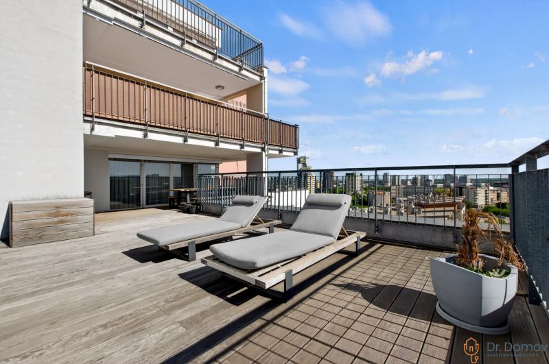 Terrace with sun loungers, Jégého Street, Bratislava - Ružinov, city view.