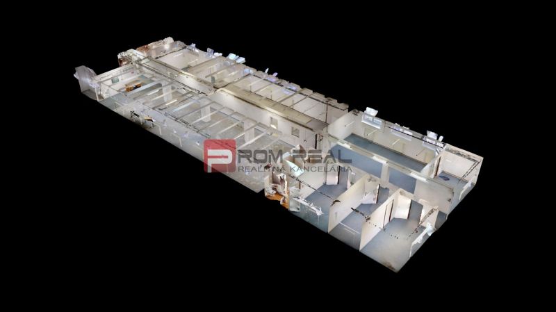 Layout of the interior of warehouses and halls with office spaces and corridors.