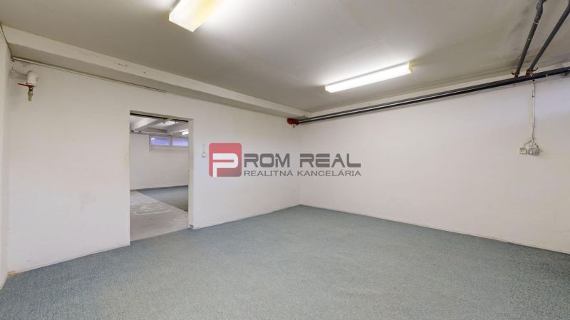 Interior with white walls, lighting, and gray carpet, suitable for storage and halls.