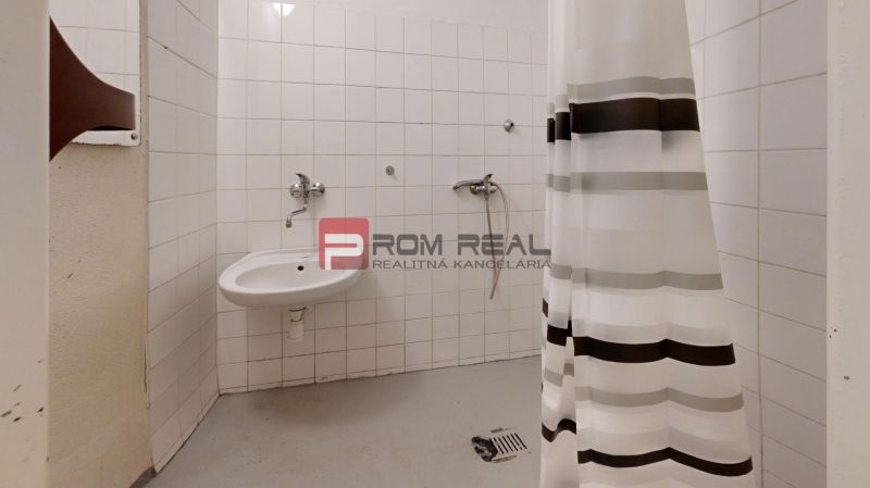 Bathroom in warehouses and halls with a sink, shower, and curtain.