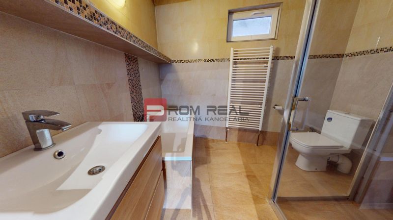 Bathroom in a family house with a sink, shower, and toilet.
