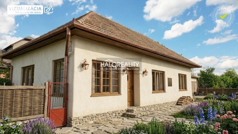A family house in Loka with a stone path, wooden windows, and a blooming garden.