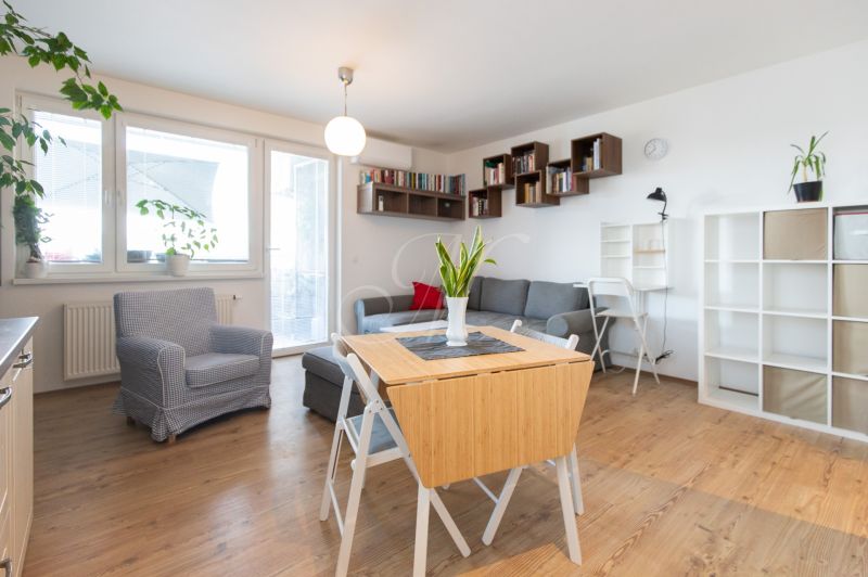 Living room in a two-room apartment with a wooden decor floor, a sofa, and shelves.