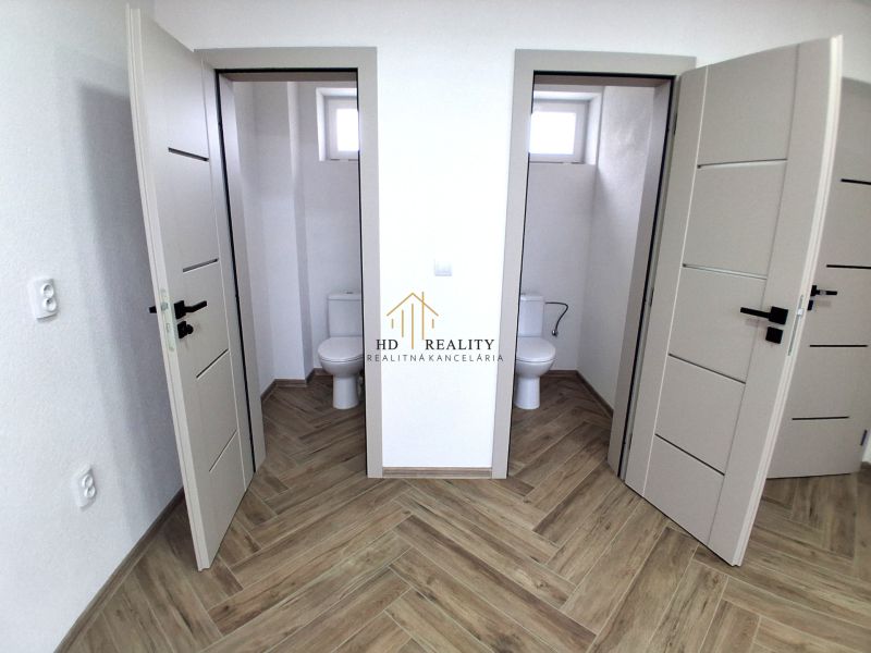 Double toilets in commercial premises with wood-patterned flooring.