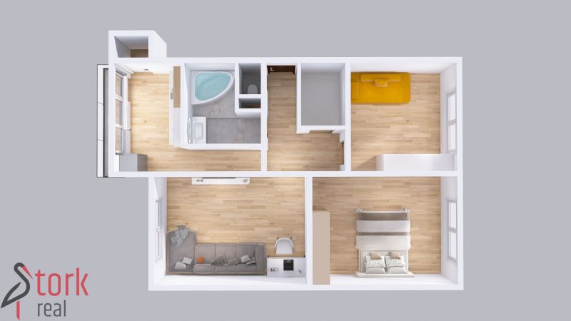 Floor plan of a 3-room apartment with wood-patterned flooring and a yellow sofa.
