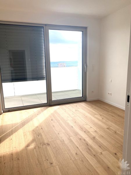 Office interior with wood-patterned flooring and a large window.