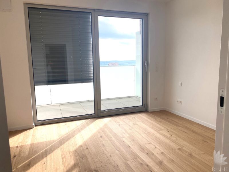 Interior of an office with wood-patterned flooring and a large window.