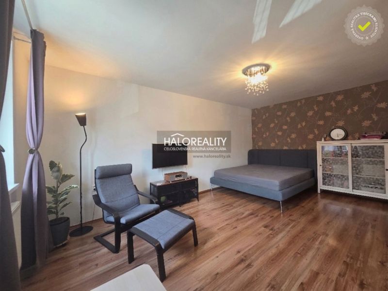 Living room in a two-room apartment with a wooden decor floor, an armchair, and a bed.