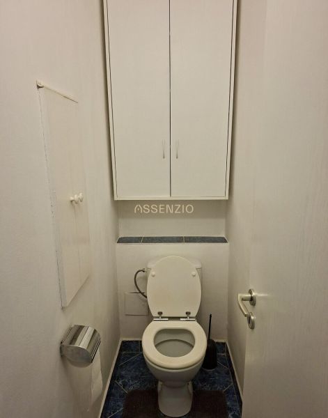 A toilet in a 3-room apartment with blue tiles and white cabinet storage.