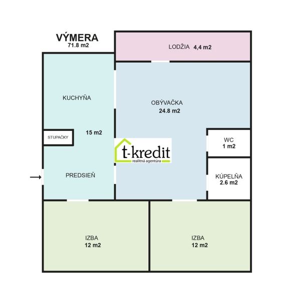 Floor plan of a 3-room apartment with an area of 71.8 m², loggia, hallway, toilet.