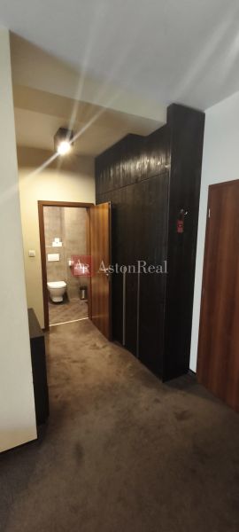 The hallway of a recreational apartment with a dark wardrobe and entrance to the bathroom.
