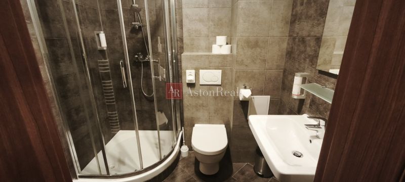 Bathroom with a shower, toilet, and sink in a holiday apartment.