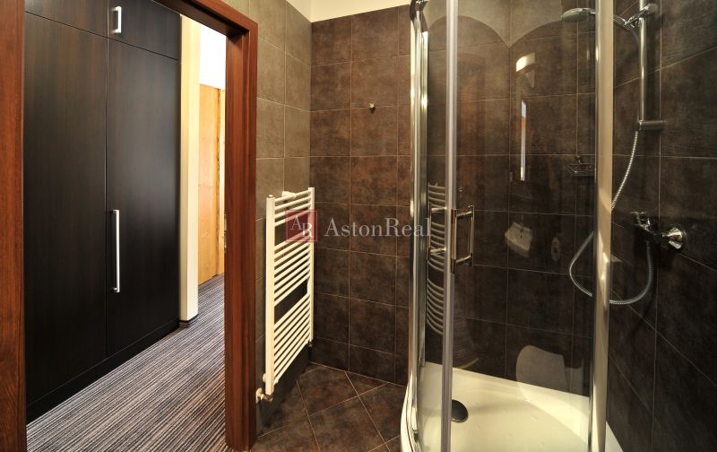Bathroom in a holiday apartment with dark tiles and a shower corner.
