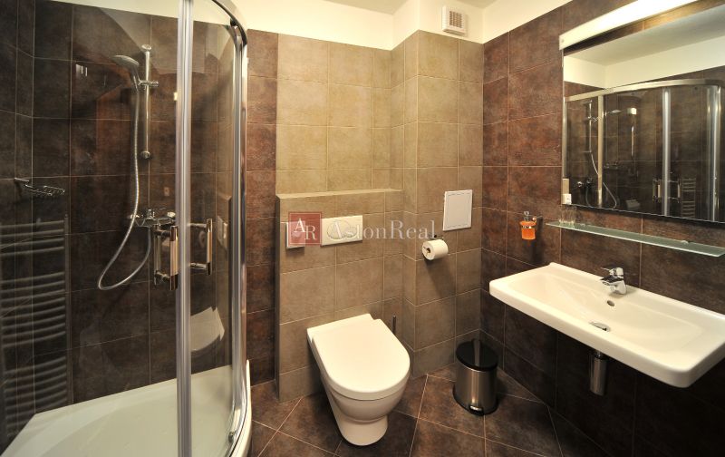 A bathroom with a shower and a sink in a holiday apartment, with dark-colored tiles.