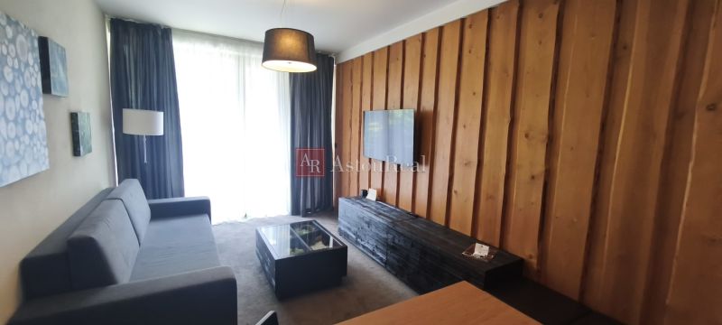 Living room in a holiday apartment with a sofa, wooden wall, and television.