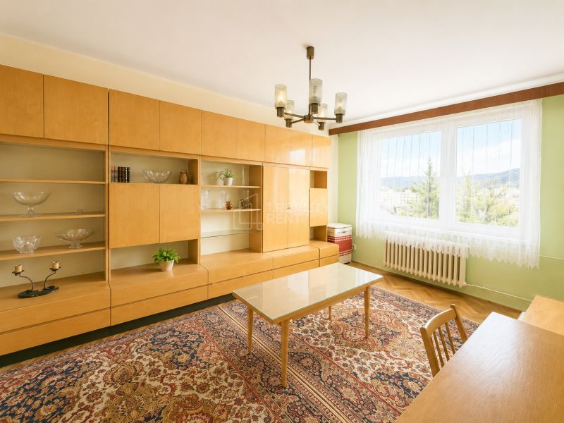 Living room in a 3-room apartment with a carpet pattern and custom-made furniture.