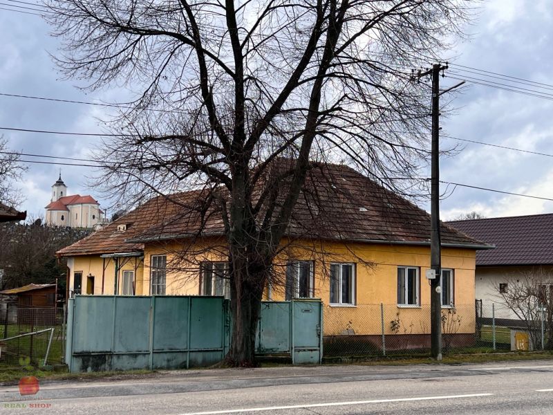 A family house in Komjatice with an orange facade, in front of which there is a large tree.