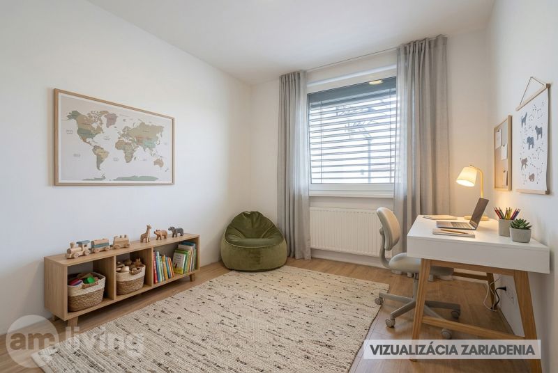 Children's room in a family house with a wooden decor floor, a desk, and a world map.