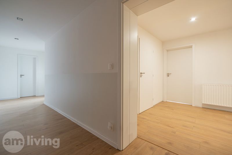 Interior of a family house with wood-patterned flooring and white doors.