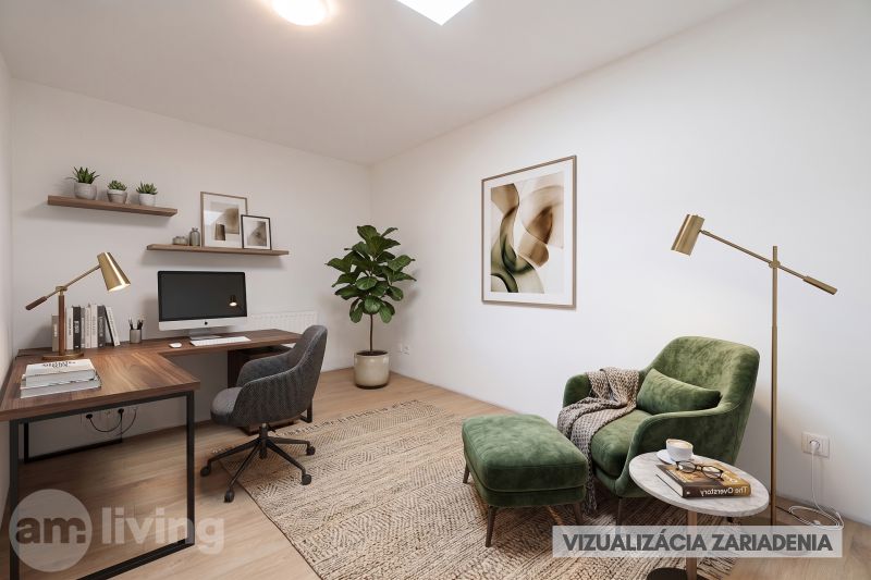 Office in a family house with a wooden decor floor, green chair, and work desk.