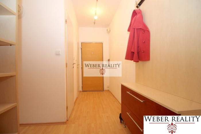 Entrance hallway in a one-room apartment with a wooden decor floor and furniture.
