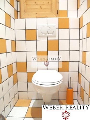 A toilet in a studio apartment with colorful tiles and a stylish flushing system.