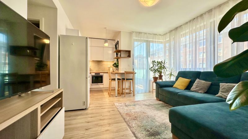 A bright living space in a two-room apartment with a wooden decor floor.