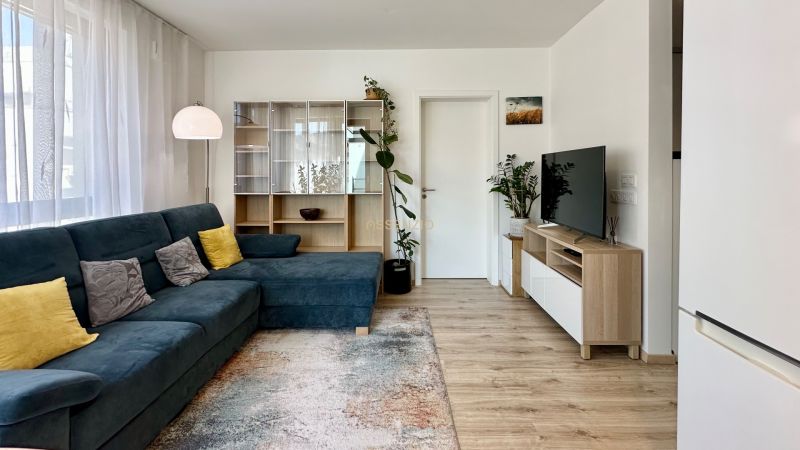 Living room in a two-room apartment with a sofa and wooden decor flooring.