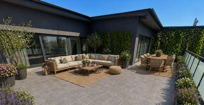 Terrace of a 3-room apartment in the town of Svit with seating and greenery.