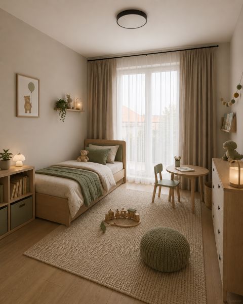 A children's room in a 3-room apartment with subtle decor and wooden furniture.