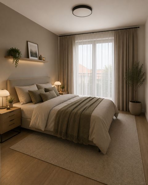 Bedroom in a 3-room apartment, with wood-patterned flooring, subtle decorations.