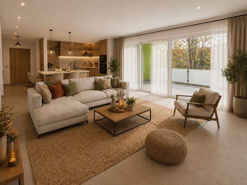 Living room in a 3-room apartment with a sofa bed and a kitchenette.