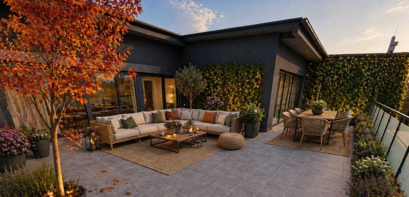 A terrace in a 3-room apartment in Svit with comfortable seating and flowers.