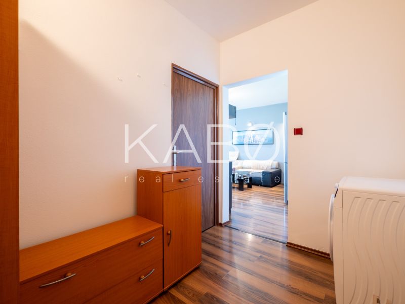An entrance hall with furniture and flooring featuring a wooden decor in a 2-room apartment.