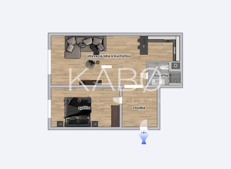 Floor plan of a 2-room apartment with wood-patterned flooring, bathroom, and kitchen.