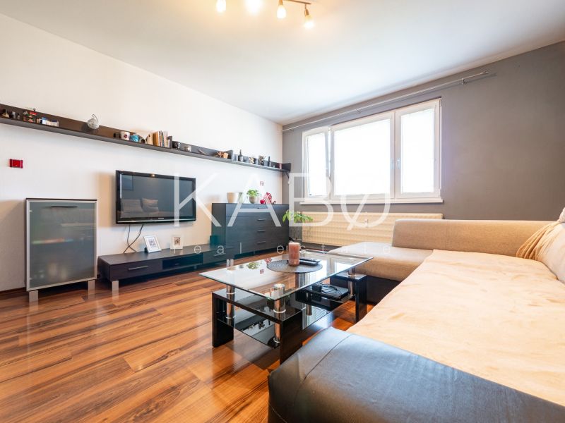 Living room in a two-room apartment with a wooden decor floor and a comfortable sofa.