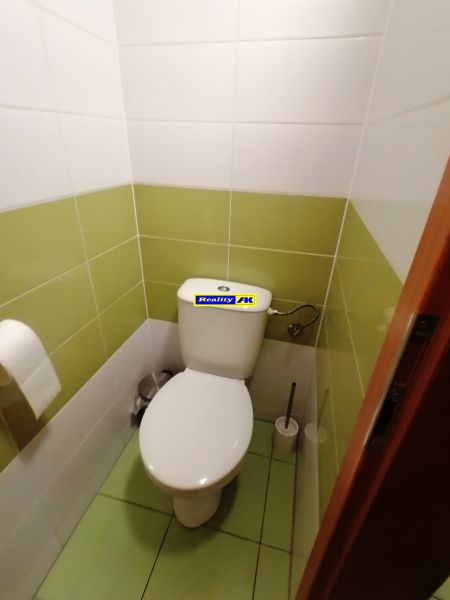 A toilet with white and green tiles in commercial premises.
