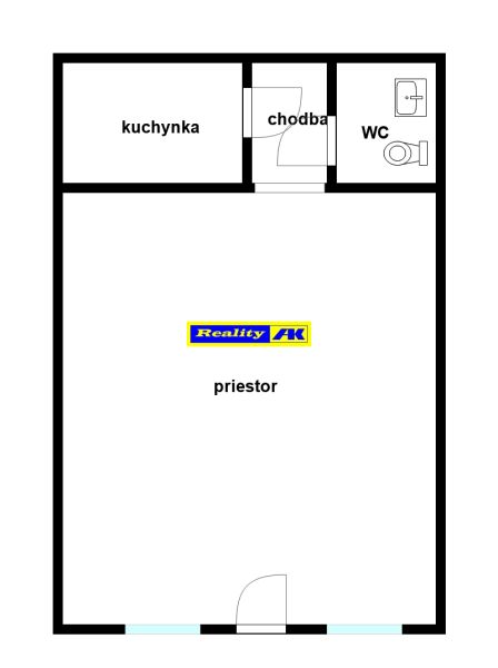 Floor plan of commercial spaces with kitchenette, hallway, and restroom.