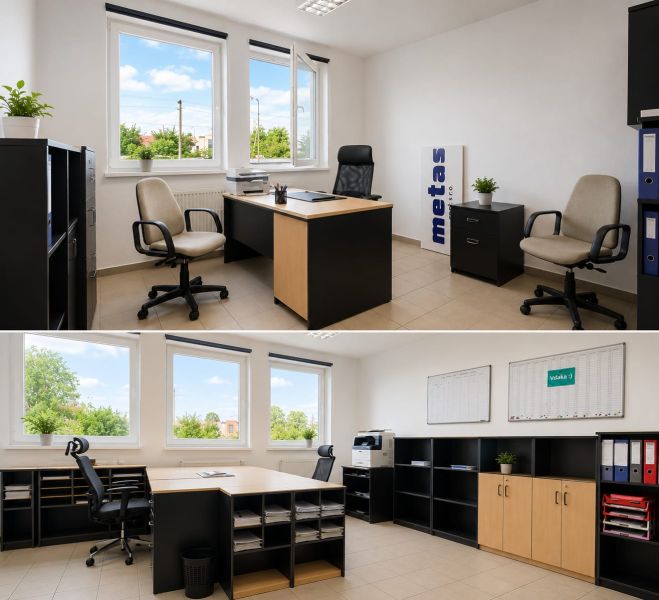 Office with administrative furniture, boards, and large windows. Warehouses and halls.