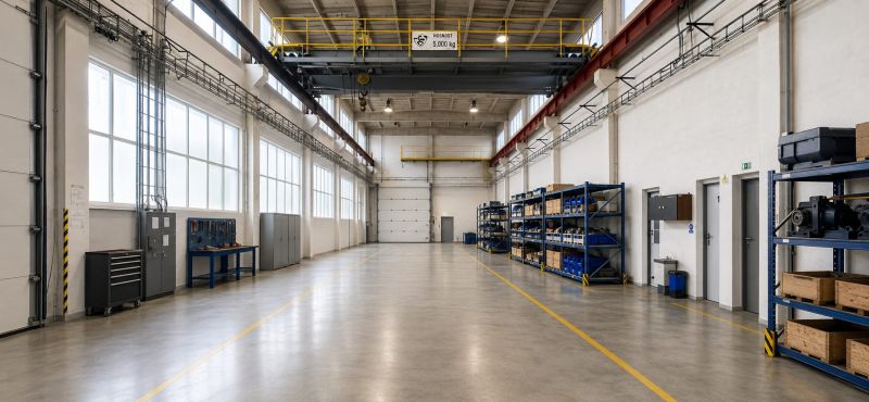 Interior of a warehouse with shelves and industrial equipment, bright lighting and concrete floor.