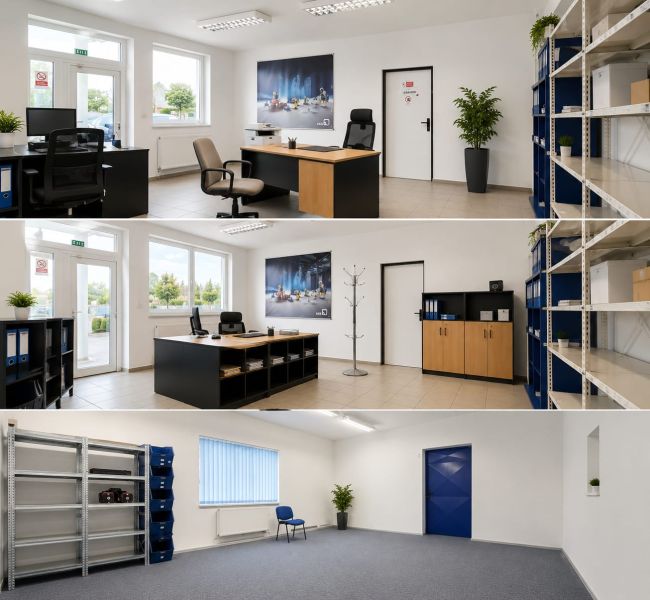 Office spaces with storage facilities and wooden decor flooring in Šaľa, warehouses and halls.